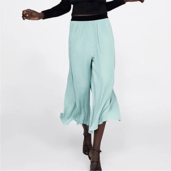 Zara Bohemian Green Highrise Ribbed Palazzo Flowy Cropped Pants Size Small - Picture 4 of 15